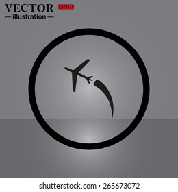 Black circle on a gray background.  The plane takes off. Icon plane. Vector illustration, EPS 10 