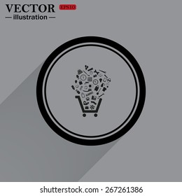Black circle on a gray background with shadow.  Set of icons. Put into shopping cart. Great buy. Cart of goods, web icon. vector design