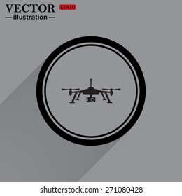 Black circle on a gray background with shadow. Quadrocopter. icon. vector design