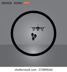 Black circle on a gray background.  Aerial photography. Festive balloons. Quadrocopter. icon. vector design