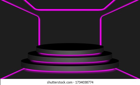 black circle pedestal 3d and purple light neon lamp glowing, cosmetics display modern and led light, podium stage show for position decor purple fluorescent glow light, pedestal box for product place