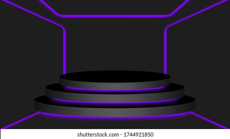 black circle pedestal 3d and purple light neon lamp glowing, cosmetics display modern and led light, podium stage show for position decor purple fluorescent glow light, pedestal box for product place