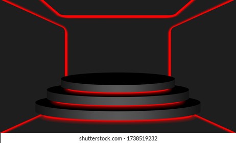 black circle pedestal 3d and red light neon lamp glowing, cosmetics display modern and led light, podium stage show for position decor red fluorescent glow light, pedestal box for product place