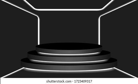 black circle pedestal 3d and white light neon lamp glowing, cosmetics display modern and led light, podium stage show for position decor white fluorescent glow light, pedestal box for product place