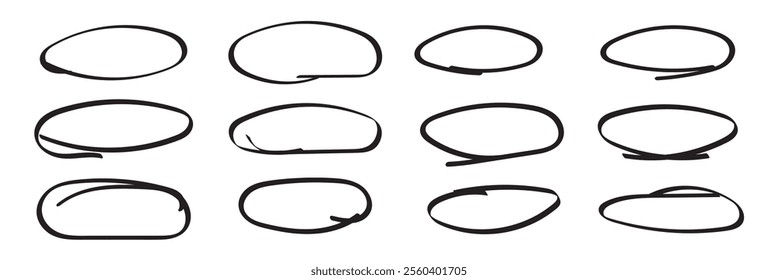 Black circle pen draw. Highlight hand drawn black circle isolated on white background. Handwritten black circle. For marker pen, pencil. Vector