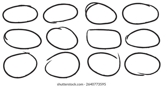 Black circle, pen draw. Highlight hand drawing different circles isolated on background. Bright red scribble ovals and bubbles to circle and highlight text. EPS 10