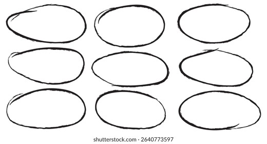 Black circle, pen draw. Highlight hand drawing different circles isolated on background. Bright red scribble ovals and bubbles to circle and highlight text. EPS 10