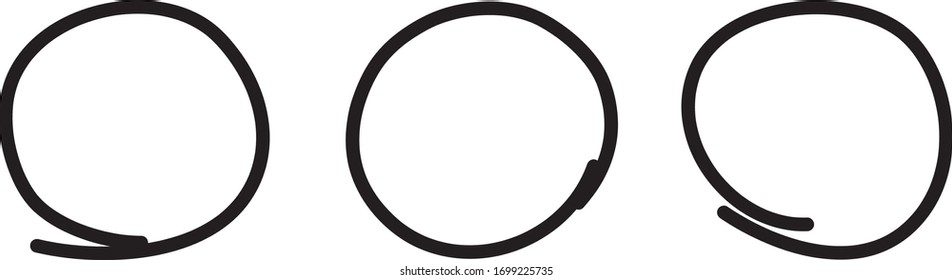 Black circle pen draw set. Highlight hand drawn circle isolated on white background. Handwritten black circle. For marker pen, pencil, logo and text check. Vector illustration