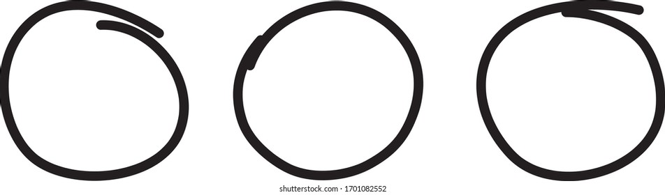 Conjunto de dibujo de la pluma de círculo negro. Resalte el círculo dibujado a mano aislado sobre fondo blanco. Círculo negro manuscrito. Para la revisión de marcadores, lápiz, logotipo y texto. Ilustración del vector