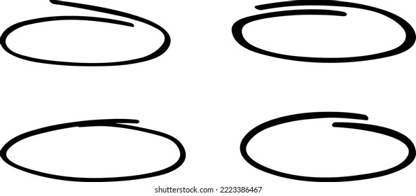 Círculo negro, conjunto de dibujo de lápiz. Resaltar el dibujo a mano de diferentes círculos aislados en el fondo. Círculo negro manuscrito. Para marcar texto, números, lápiz de marcadores, corrector de texto y lápiz, ilustración vectorial