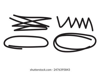 Black circle, pen draw set. Highlight hand drawing different circles isolated on background. Handwritten black circle. For marking text, numbers, marker pen, pencil and text check, vector illustration