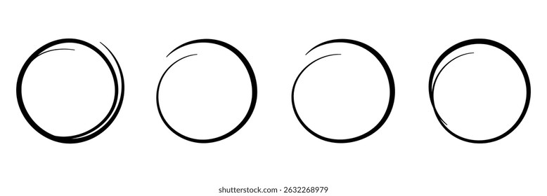 Black circle pen highlight doodle set. Marker ellipses frames in sketch style. Hand drawn circles vector illustration isolated on white background. Vector eps 10