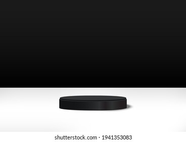 Black circle podium stand isolated on white and black background. 
Stage empty for decor product, advertising, sale, show, contest, award, winner. Platform studio. Minimal style. Vector illustration.
