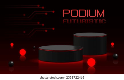 Black circle podium step with red neon light glow ball on dark background design modern futuristic technology creative product display vector illustration