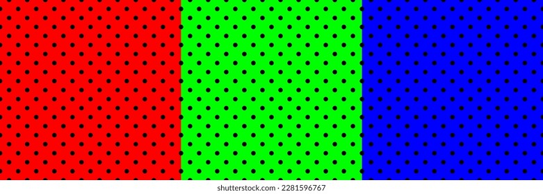 black circle polka dot on red,green and blue for pattern and background.