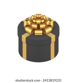 Black circle premium gift box with golden glossy bow ribbon 3d icon realistic vector illustration. Fashion brutal round package present surprise storage festive holiday birthday anniversary congrats