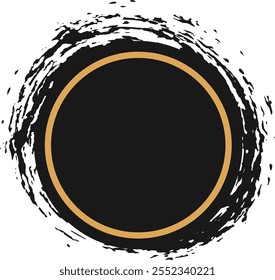 El círculo negro con un borde dorado prominente está rodeado por un efecto grunge texturizado, creando un elemento de diseño dinámico y visualmente llamativo