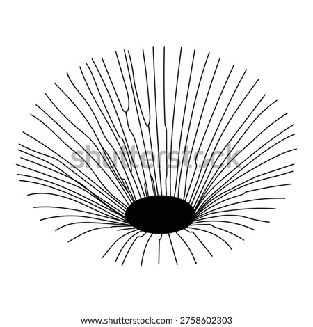 A black circle with radiating lines emanating from it, resembling a black hole