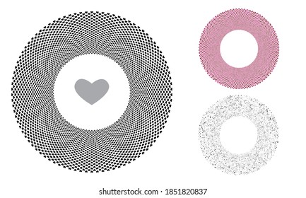 Black circle with repeated element in center. Pink and grey colors and sizes randomly. Hearts vector background.
