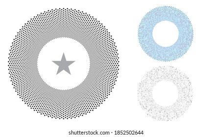 Círculo preto com elemento repetido no centro. Cores e tamanhos azul e cinza aleatoriamente. Plano de fundo do vetor de estrelas.