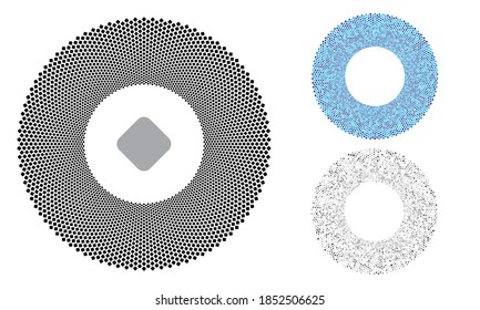 Black circle with repeated element in center. Blue and grey colors and sizes randomly. Rhombus vector background.