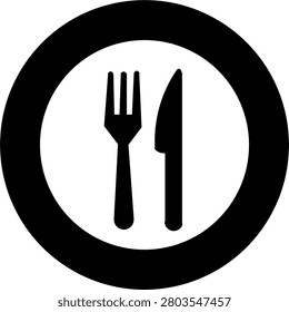 Black Circle Restaurant Icon with Fork and Knife Silhouette Vector