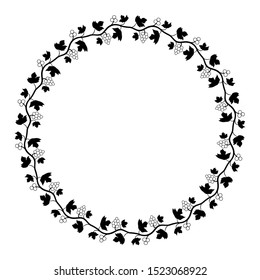 black circle or round frame with leaf and grape motifs, this black border is also isolated with a white background.
