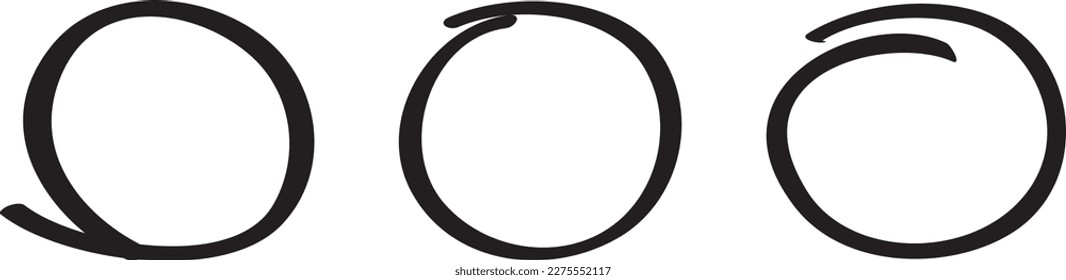 Black circle set, pen draw. Highlight hand drawing circle isolated on background. Handwritten black circle. For marking text, numbers, marker pen, pencil, logo and text check, vector illustration