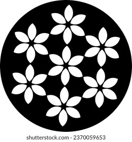 Black circle with seven white flowers. Vector design.