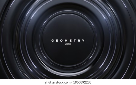 Formas de círculo negro con rayas plateadas. Fondo geométrico abstracto. Ilustración vectorial 3d. Fondo de los anillos concéntricos. Diseño de portada de lujo