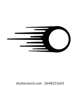 A black circle with speed lines trailing behind it is shown against a white background The style is simple and minimal