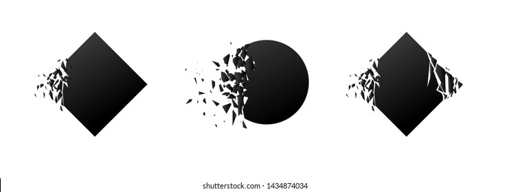 Black circle and square with explosion effect on white background with debris. Vector illustration for banner, backdrop, invitation, poster, web template. 