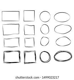 Black circle and square frames. Brush strokes. design elements set.