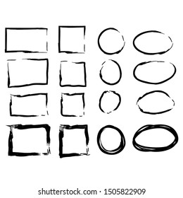 Black circle and square frames. Brush strokes. design elements set.