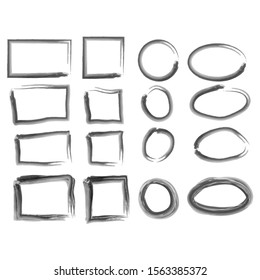 Black circle and square frames. Brush strokes. design elements set.