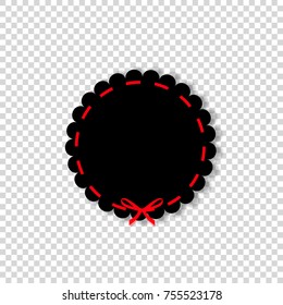 Black circle stamp with red ribbon. Vector icon in paper cut out style with space for text isolated on transparent background. Emblem, label, clip art.