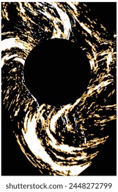 A black circle is superimposed on a spiral grungy background.
