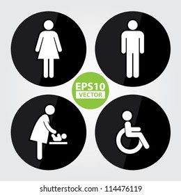 Black Circle Toilet Sign with Black Circle Background, Man Sign, Women Sign, Baby Changing Sign, Handicap Sign - EPS10 Vector