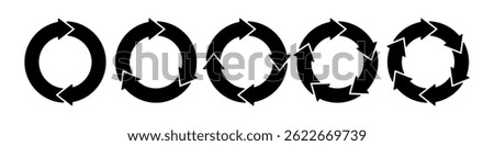 Black circle transition stages. Circular arrows. Repeat icon. reload sign. Diagram infographic set. Rotation cycle vector 2, 3, 4, 5, 6, parts. Cyrcle, process, and flow concept, 
