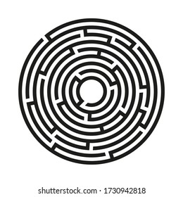 Black Circle Vector Maze Isolated On White Background. Black Labyrinth With One Right Way. Vector Maze Icon. Labyrinth Symbol. Circle Puzzle