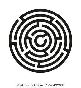 Black circle vector maze isolated on white background. Black round labyrinth with one entrance and target. Vector maze icon. Labyrinth symbol. Circle puzzle with one solution