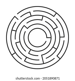 Black circle vector maze isolated on white background. Black round labyrinth with one entrance and target. Vector maze icon. Labyrinth symbol. Circle puzzle with one solution