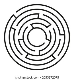 Black circle vector maze isolated on white background. Black round labyrinth with one entrance and target. Vector maze icon. Labyrinth symbol. Circle puzzle with one solution