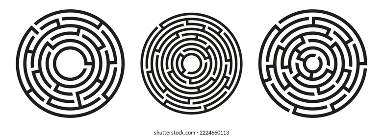 Black circle vector mazes isolated on white background. Black labyrinths with one and three entrances. Vector maze icon. Labyrinth symbol. Circle puzzle