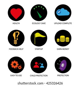 Black circle web icons with color symbols, vector