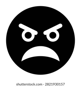 A black circle with a white angry face emoticon showing furrowed eyebrows and a frown