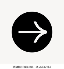 Black circle with a white arrow pointing right. Simple arrow design in a circle. Arrow symbol in a circular shape. Minimalist arrow graphic. Minimal shape vector.