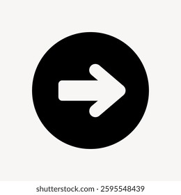 Black circle with a white arrow pointing right. Arrow in circle, right direction. Simple arrow design, right symbol pointing right. Vector element.