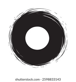 Black Circle with White Center and Rough Brushstroke Outline on White Background