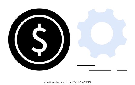 Black circle with a white dollar sign in the middle and a light blue gear shape to the right. Horizontal lines below the gear adding motion. Ideal for finance, technology, industry, business